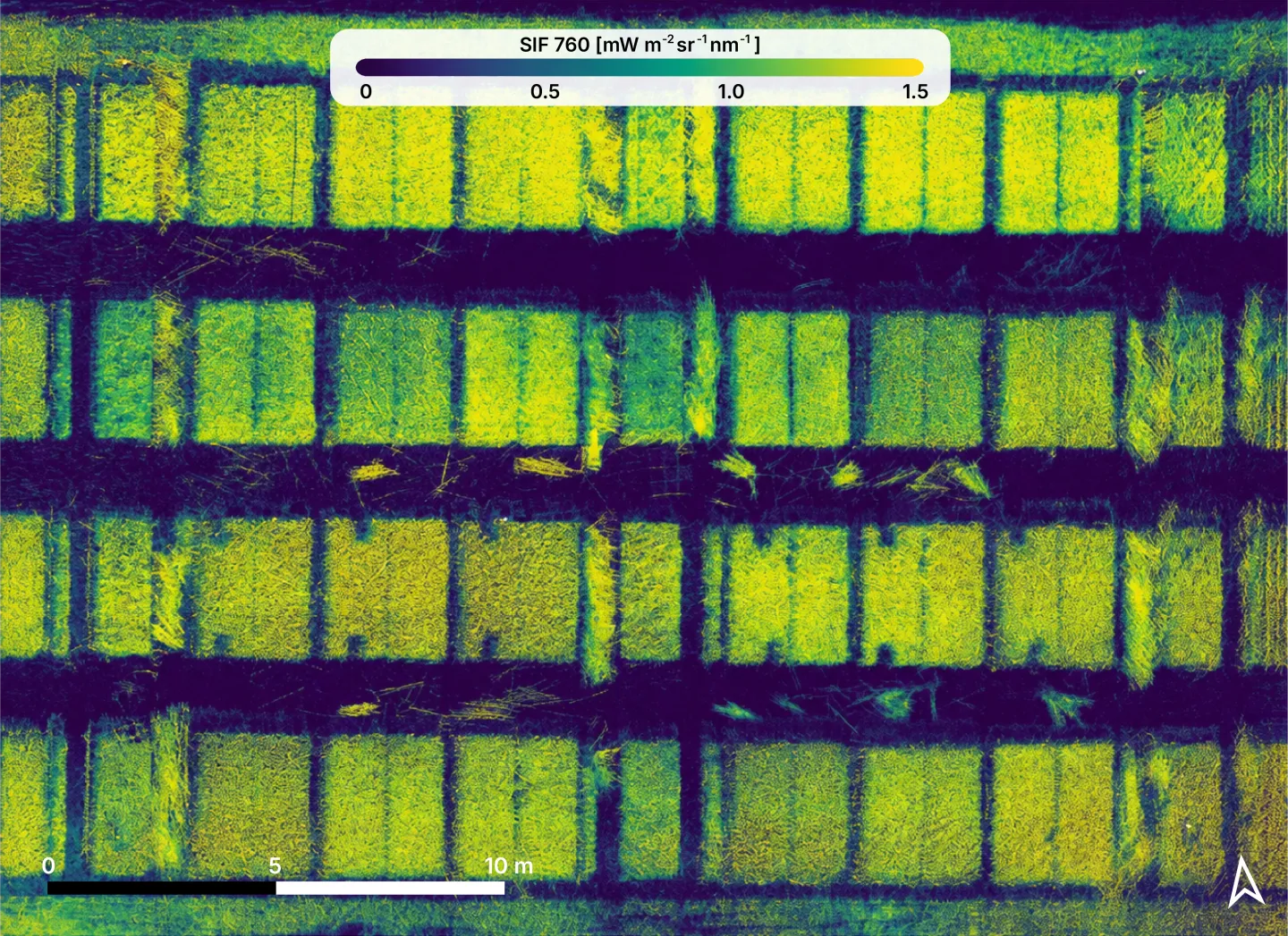 Aerial SIF (solar induced fluorescence) map of crop plots at 760 nm