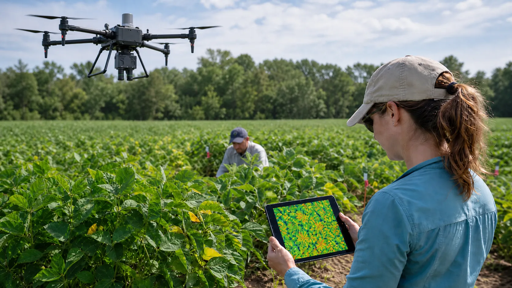 Researcher in a crop field operating a drone with a tablet displaying a SIF map